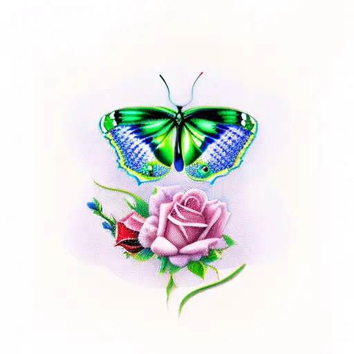 Blue And Green Butterfly With Red Roses And Baby Breath