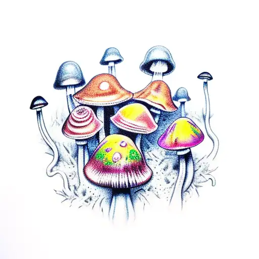 Some Colored Mushrooms With Different Shapes Growing From Dark Soil Covered Of Rotting Leaves