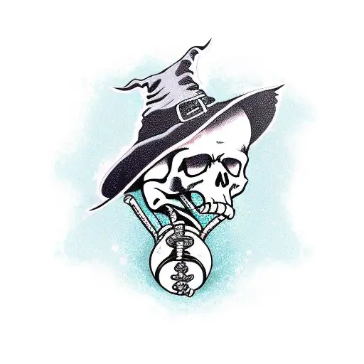A Skeleton Wearing A Witch Hat And Making A Potion