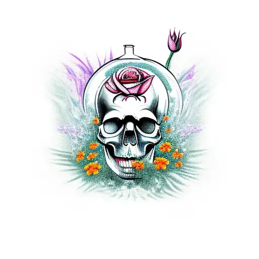 A Skull That Is A Potion Bottle And Has Flowers Coming Out Of It