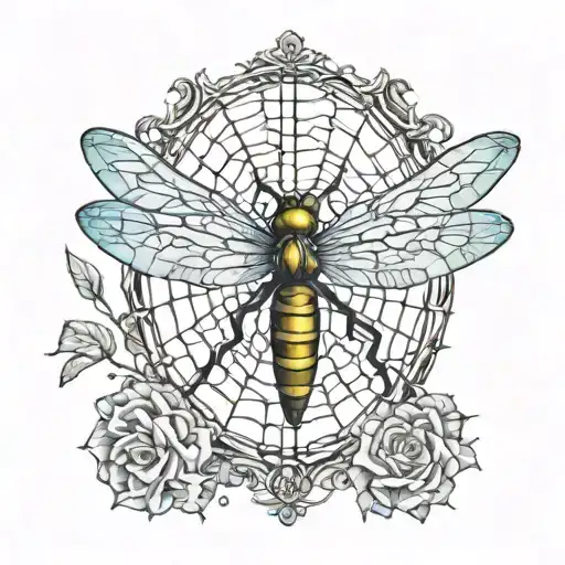 Spiderweb And Dragonfly Perched Regally