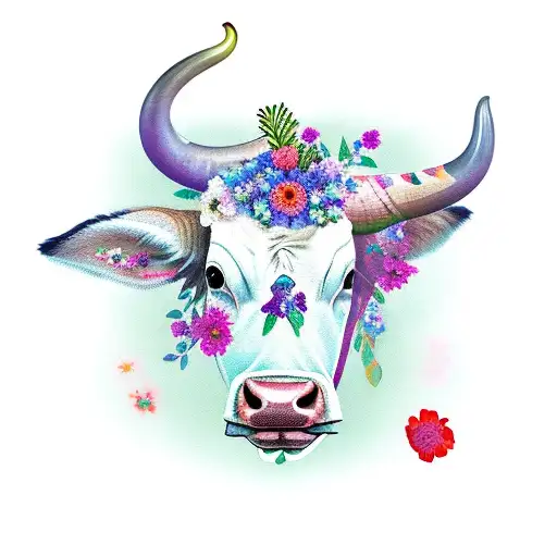Long Horn Cow With Flowers