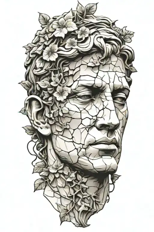 The David Statue Cracked And Weathered With Vines With A Lonely Flower