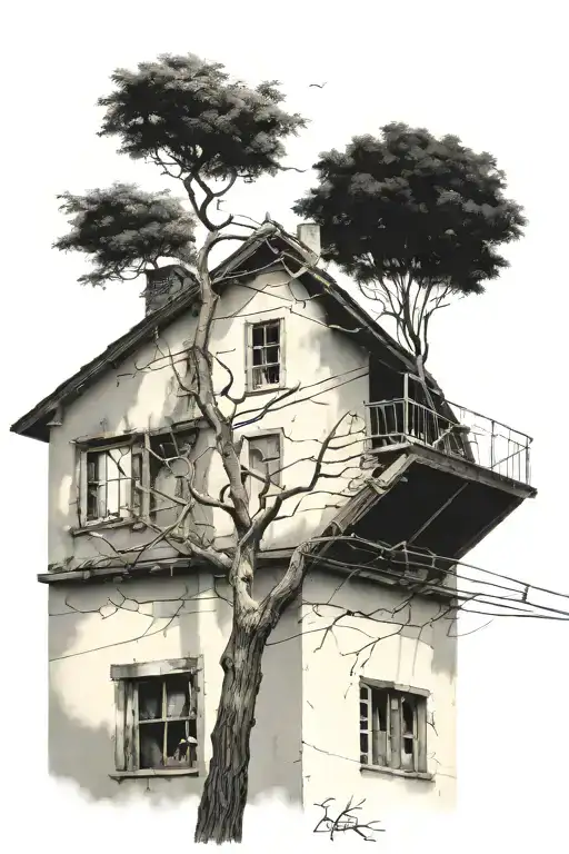 A Weak An Fragile Tree Leaning Off The Roof Of A Building Like A Man Who Is Contemplating Suicide