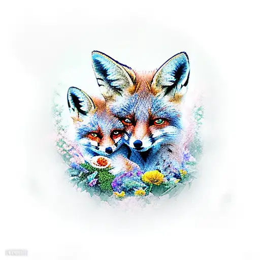 Fox And Two Baby Foxes Wreathed In Flowers