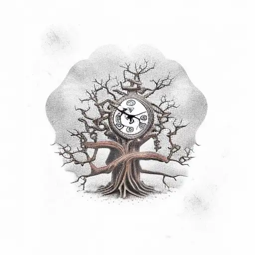 Steampunk Oak Tree With Clock And Skull
