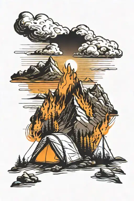 Mountain Range Silhouette With A Tent And Campfire In The Foreground