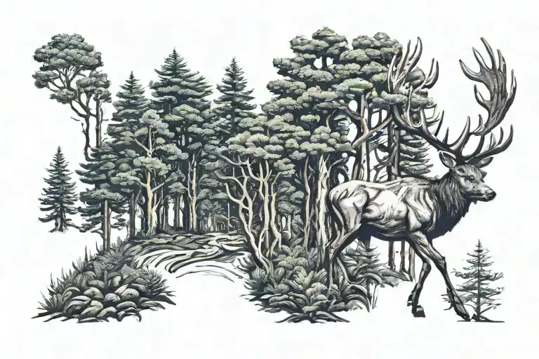 A Stag Walking Through A Dense Pine Forest