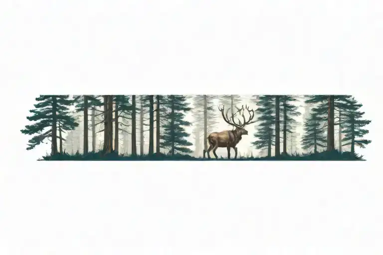 A Stag Walking Through A Dense Pine Forest