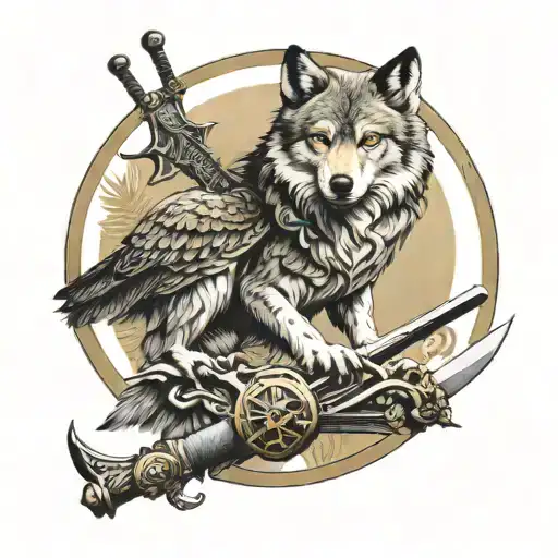 Wolf On Its Back A Owl Perched Upon A Stoic Sword All Inside A Enso Circle