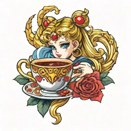 A Sailor Moon Themed Tattoo Drinking Tea With A Phlebotomy Role