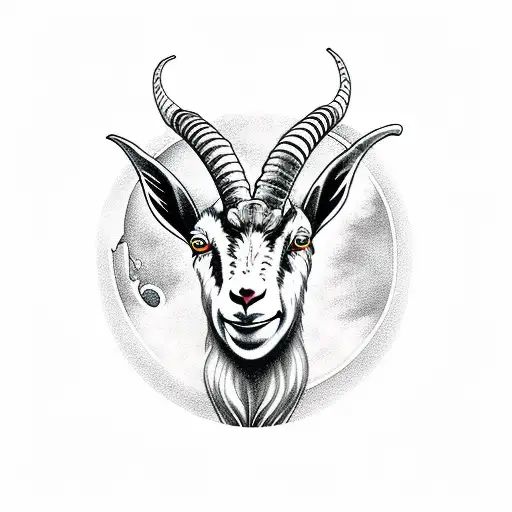 A Mystical Goat Surrounded By Swirling Flames Under A Crescent Moon