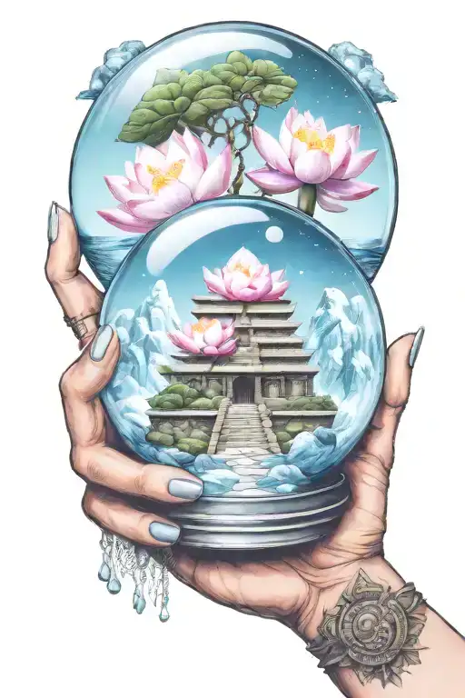 Person Holding Snow Globe With Lotus Flower In It Sitting On Top Of Pyramid