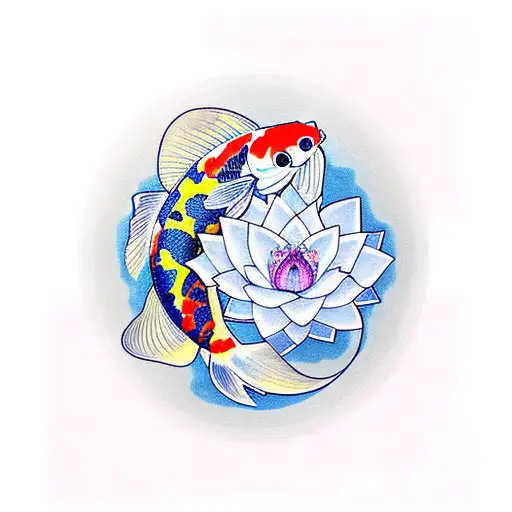 Koi Fish With Crescent Moon And Lotus Flower