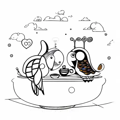 A Whimsical Scene Of A Turtle And Owl Having Coffee And Tea