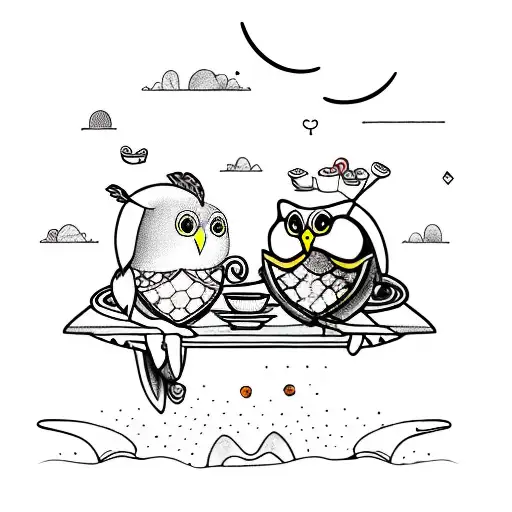 A Whimsical Scene Of A Turtle And Owl Having Coffee And Tea