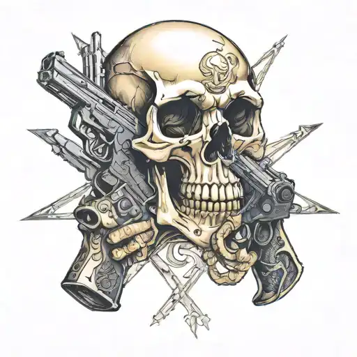 A Skull With Two Hand Guns Making An X With His Arms