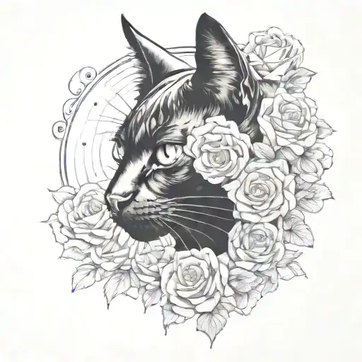 Female Black Cat Surrounded By A Circle That Has Roses On The Right Side
