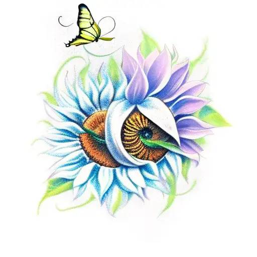 Two Sunflower With Butterfly Connected By The Blownout Petals