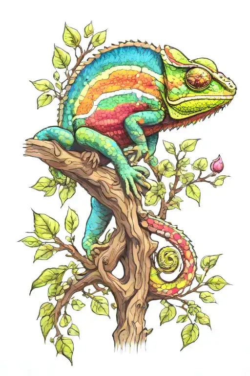 Chameleon With Bright Multicolored Psychedelic Scales Climbing A Tree