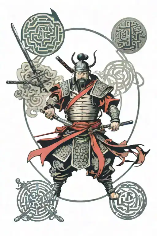 Samurai Surrounded By Orbits Of Arabic Caligraphy