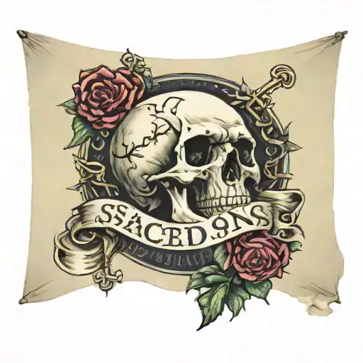 A Skull With The Text Sacred Sons On A Banner Above It With A Chirstian Cross Going Through It