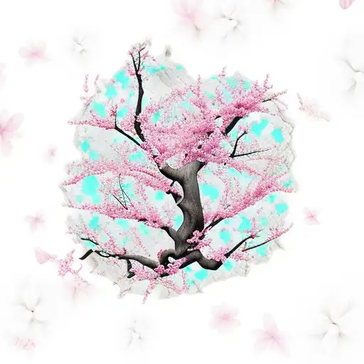 Hummingbird And Cherry Blossoms On A Tree Trunk