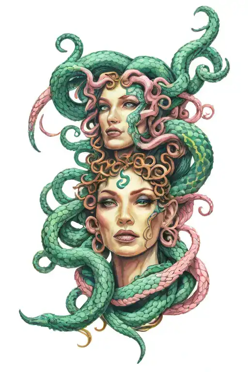 Feminine Medusa Portrait With Teal Snakes And Pink Skin