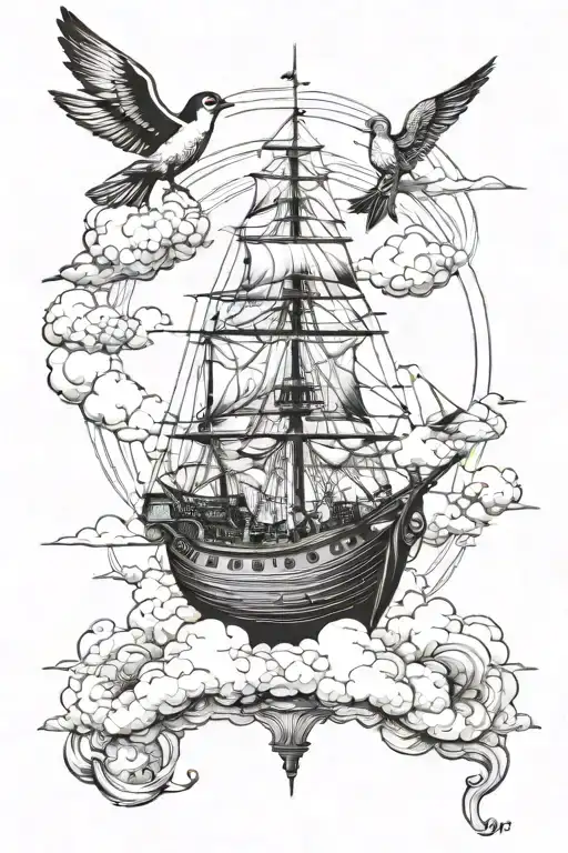 Ship On Clouds With Compass Rose Ans 2 Swallows In The Style Of Salvador Dali