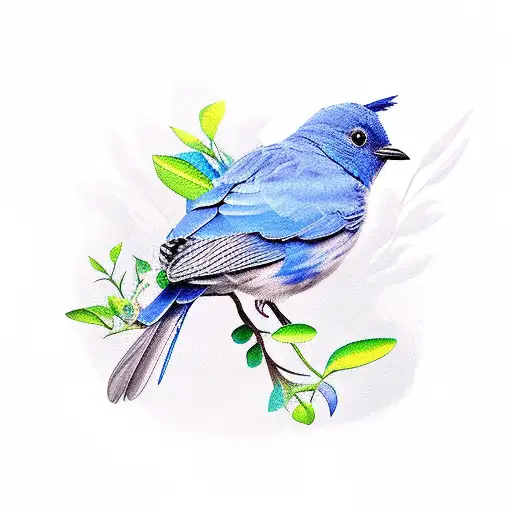Blue Bird With Open Wings And Plants And Flowers