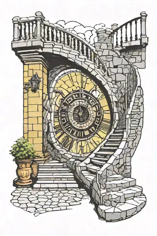 Broken Clock Human Eye Spiral Stairs And Fairy Door With Cobblestone Brick Path