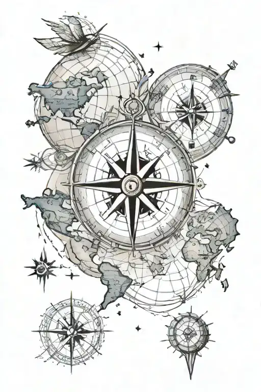 Compass World Map Tattoo Design Featuring Iconic Symbols