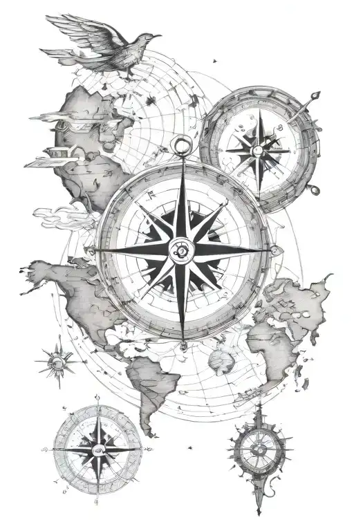 Compass World Map Tattoo Design Featuring Iconic Symbols