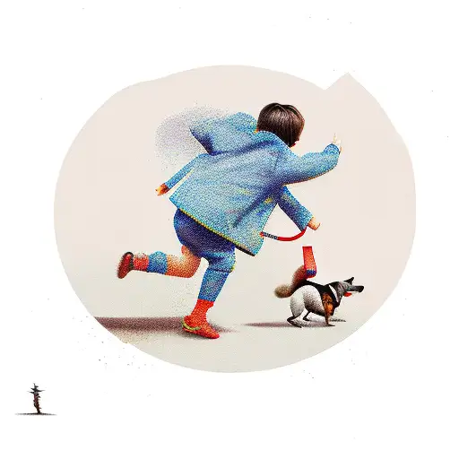 Small Boy Running By Tree With Dog Beside Him