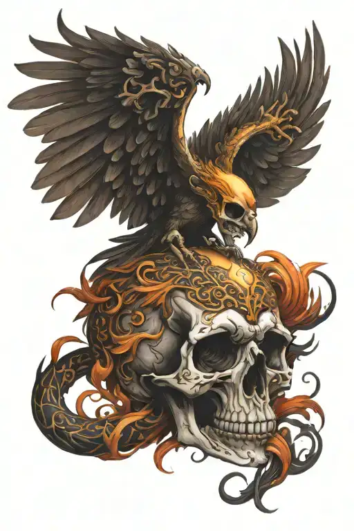 Skull Phoenix Tattoo Design Combining