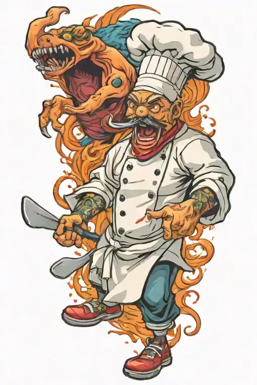 A Traditional Style Tattoo Of A Chef Battling A Monster In A Video Game Inspired Kitchen Setting