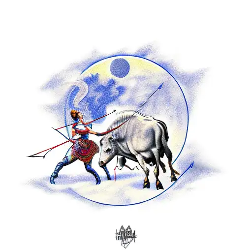 Female Archer Riding A Bull Under Full Moon