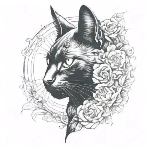 Black Cat Surrounded By A Circle That Has Roses On The Right Side