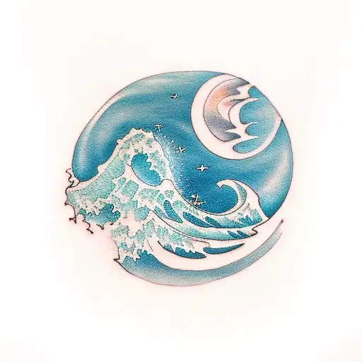 Tattoo With A Small Wave Followed By A Larger Wave With A Full Moon In The Sky