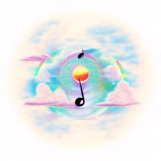 A Sunset Over A Mountain Range With Musical Notes Floating In The Sky