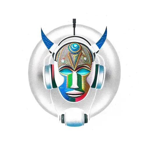 African Mask With Space Elements And Wearing Headphones
