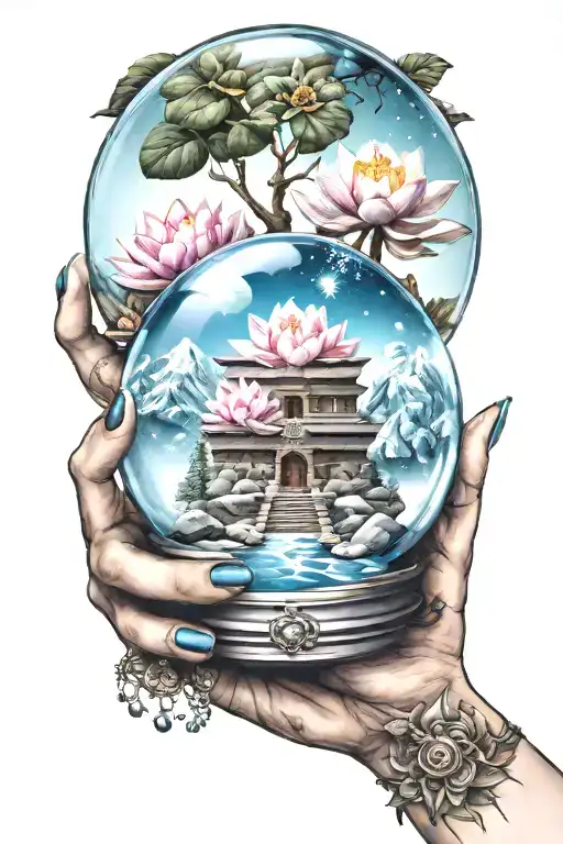 Person Holding Snow Globe With Lotus Flower In It Sitting On Top Of Pyramid
