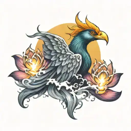 Phoenix Rising From Smoke Shape Lotus In Aurora Borealis