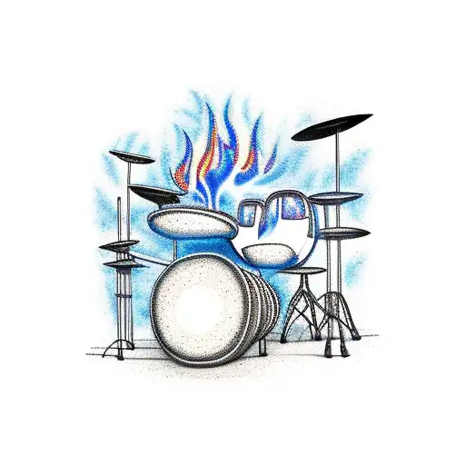 Drums On Fire In Front Of Drum Set With Blue Flames In Front