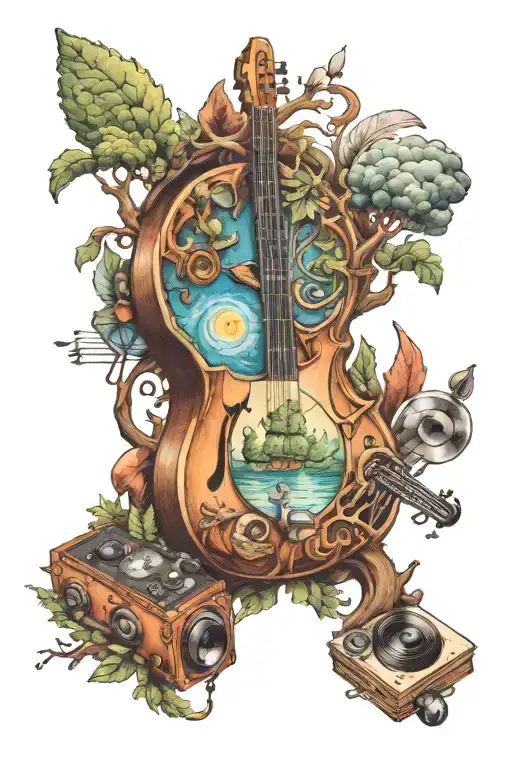 Music And Travel Tattoo Featuring Elements Like Trees