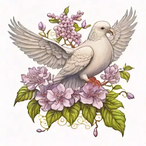 Dove With Lilac Flowers And In The Background To Be Poplar Trees