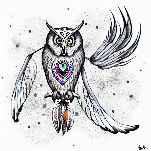 Snow Owl With Wings Spread And Talons Showing With Dream Catcher Backgroundck