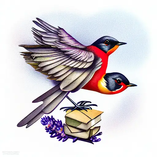 Flying Redbreast Robin Carrying A Small Sprig Of Lavendar And Sheet Music