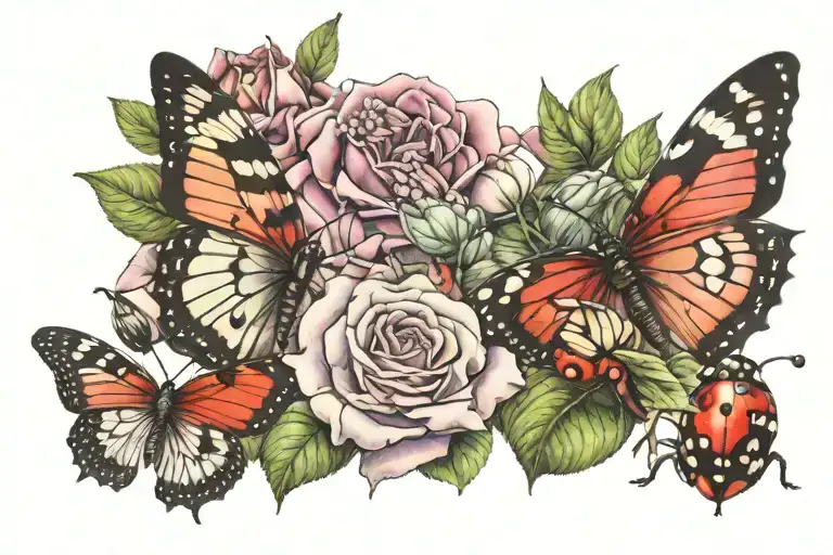 Butterfly And Ladybug On Rose