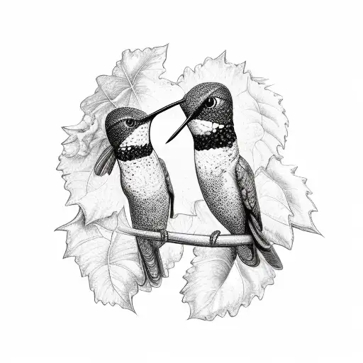 Black And White Two Hummingbirds With Grape Vines In The Background